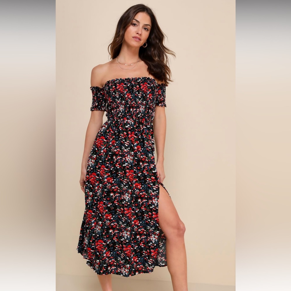 Lulu’s View from the Meadow Black Floral Print Off-the-Shoulder Dress
